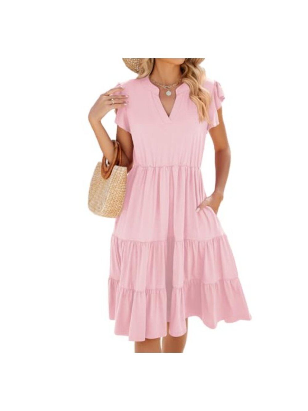 Famulily Summer Midi Boho Dress Ruffle Sleeve Deep V Neck Swing Tiered Sundress
